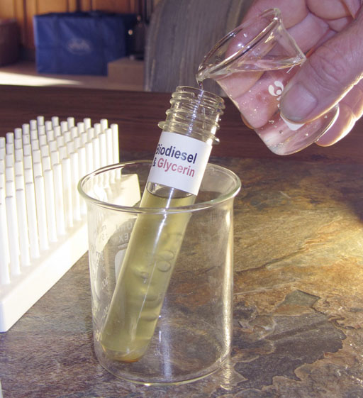 adding more tap water to biodiesel test tube