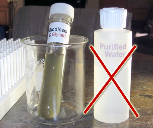 Biodiesel next to water with x over the water bottle