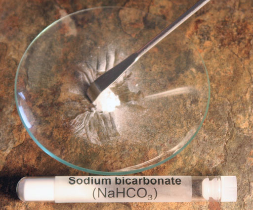 Sodium bicarbonate powder on watch glass