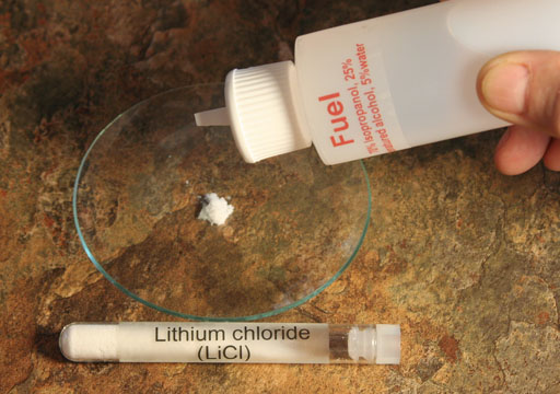 Alcohol being added to lithium chloride for flame test